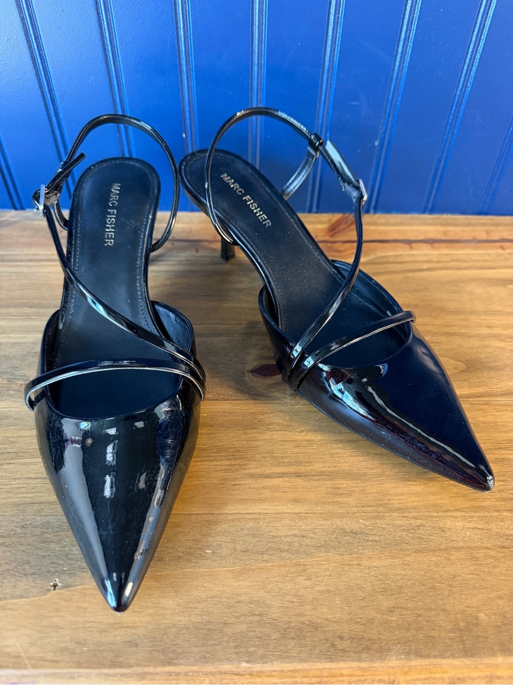 Marc Fisher Millie Black Patent Pointed Toe Slingback Heels Size 9.5